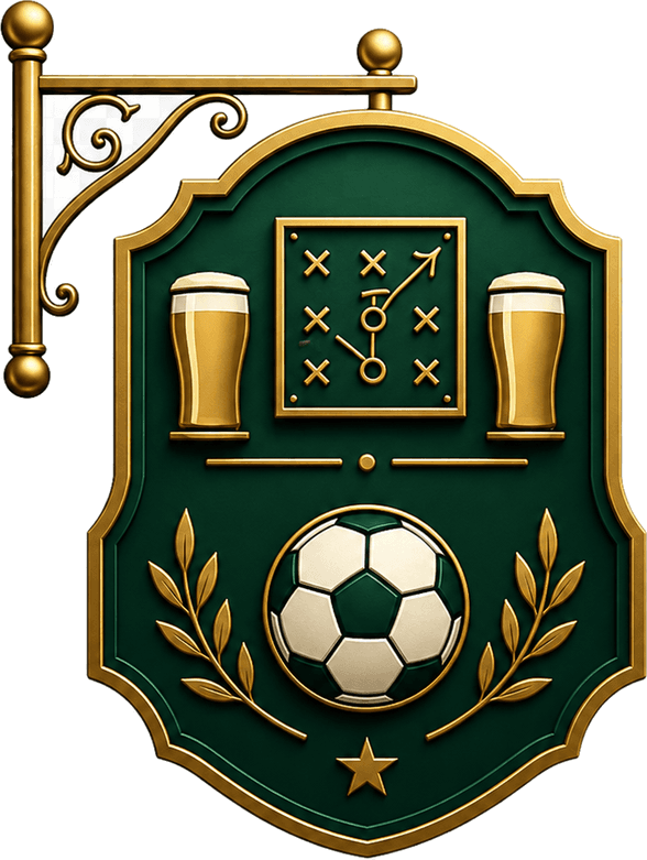PubPundits crest: a hanging pub sign with beer mugs, a tactics board and a football